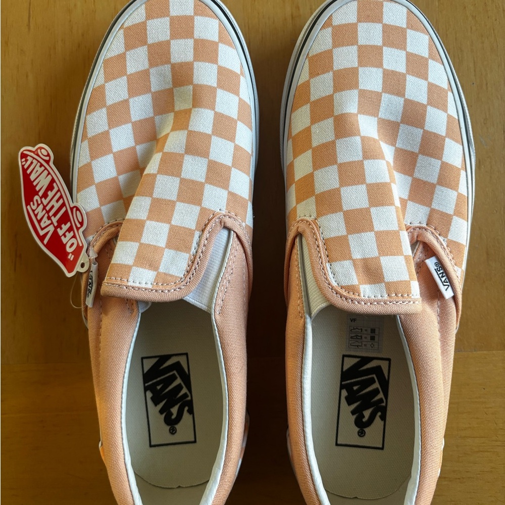 Vans Peach and White Checkerboard Slip-On Sneakers